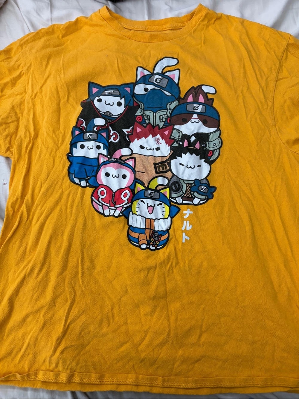 Yellow Short-Sleeve Graphic Tee with Naruto-Inspired Cat Design